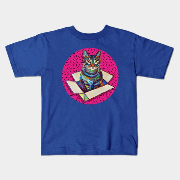 Hot Pink 80s' Psychedelic Party Cat Kids T-Shirt by RobertPhelpsArt